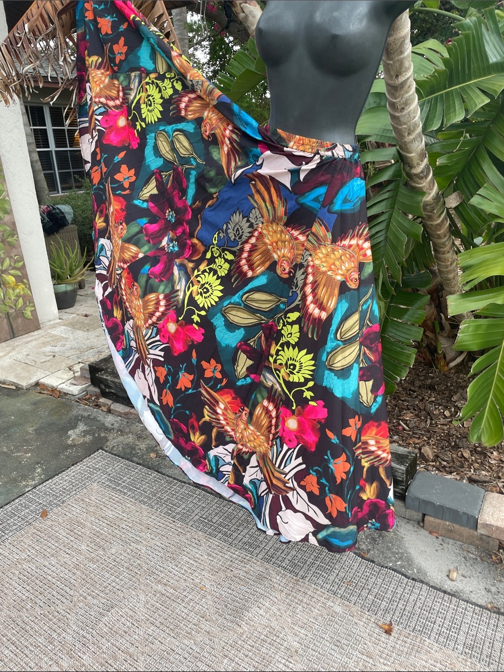dark floral and birds, full circle maxi skirt
